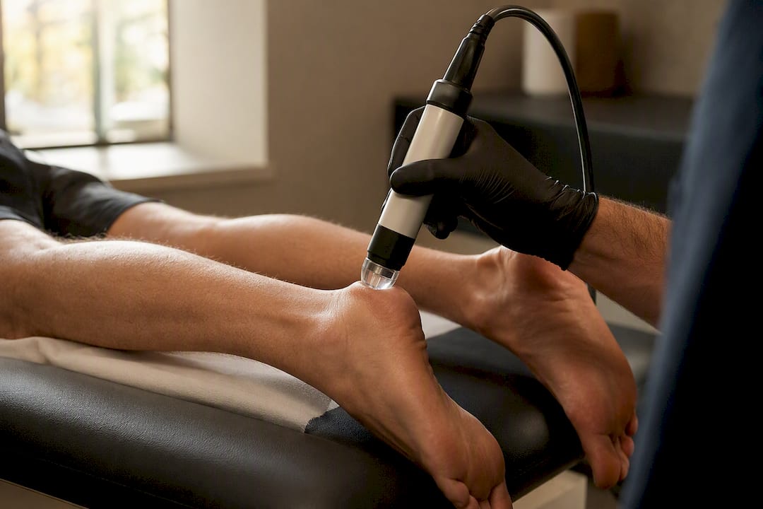 Close-up of shockwave therapy device on Achilles tendon