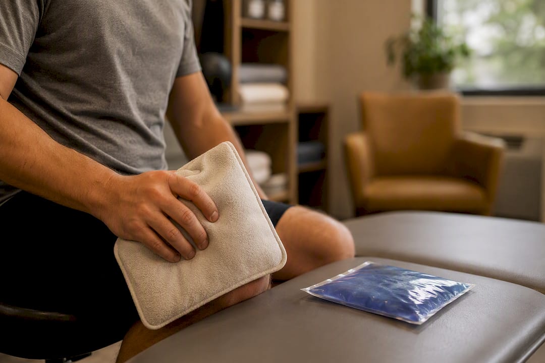 Hands holding ice pack and heat pad for therapy