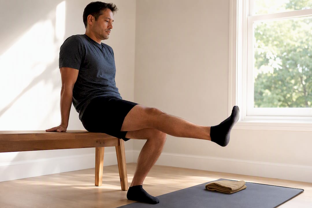 Adult performing seated sciatic nerve flossing