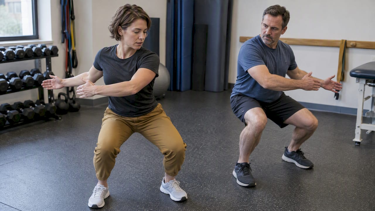 Patient practicing controlled squat rotation