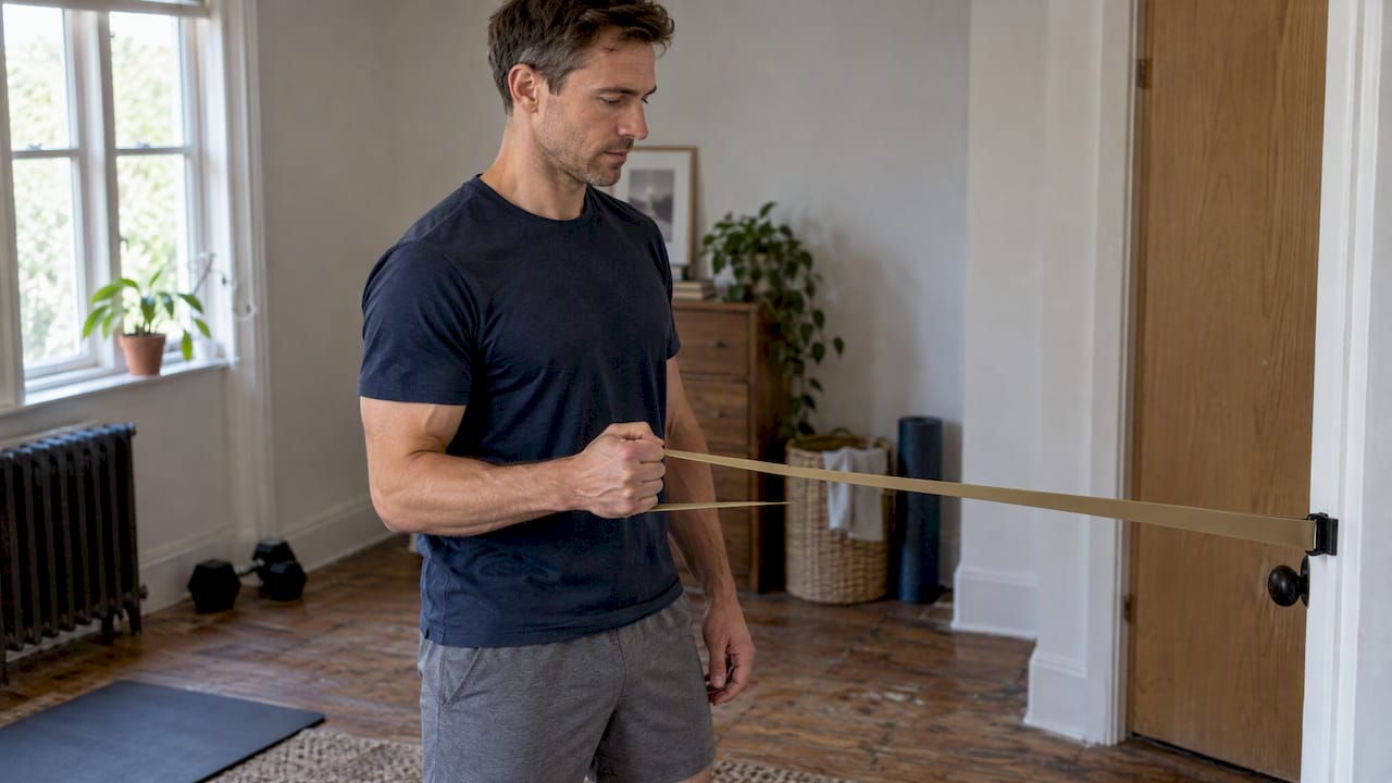 Man performing controlled shoulder band exercise