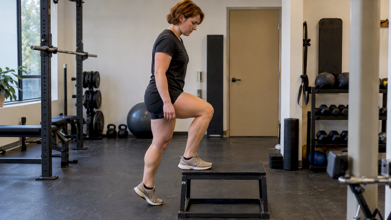 Runner practicing a controlled single-leg step-down