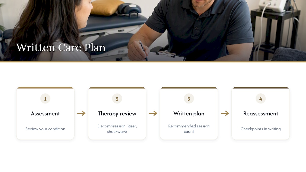 Care plan linking therapies and reassessment points
