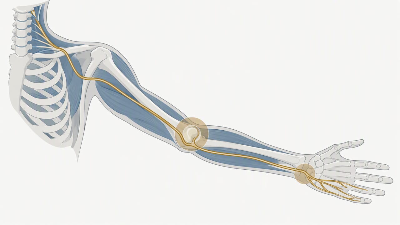 Ulnar nerve path and two compression sites