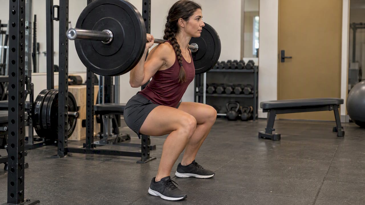 Athlete performs a controlled weighted squat